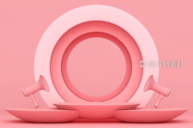 粉色领奖台和最小抽象背景，3d渲染几何形状，舞台上的奖项在现代网站。空产品站。