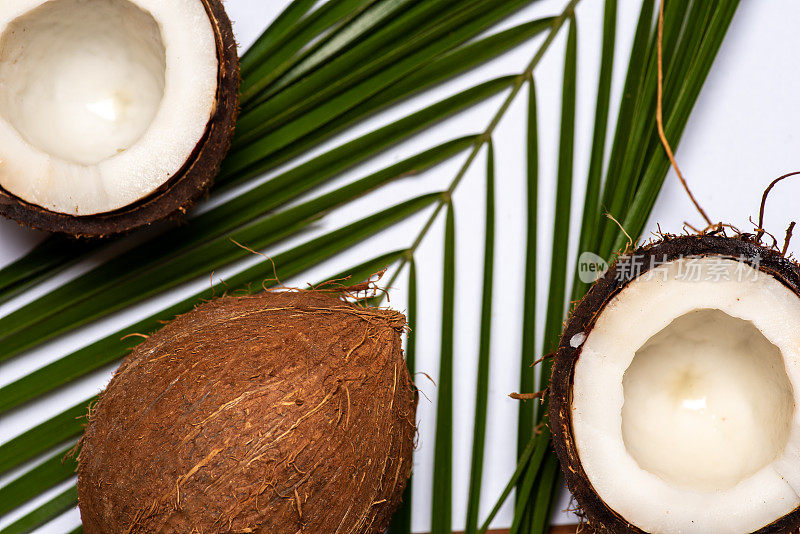 开干椰子果在白色的背景