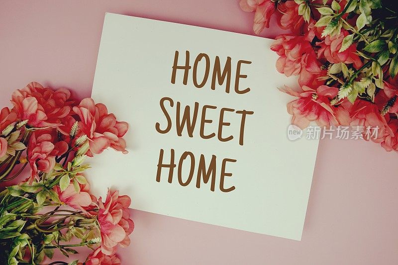 家甜蜜的家排版文字与花在粉红色的背景