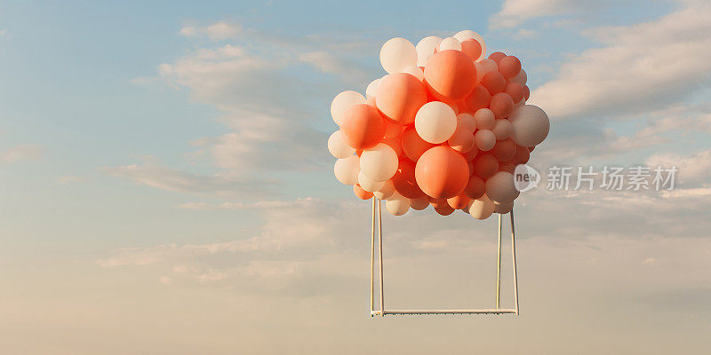 秋千在蓝天白云的背景下飞过。白色和粉红色的气球。观念摄影
