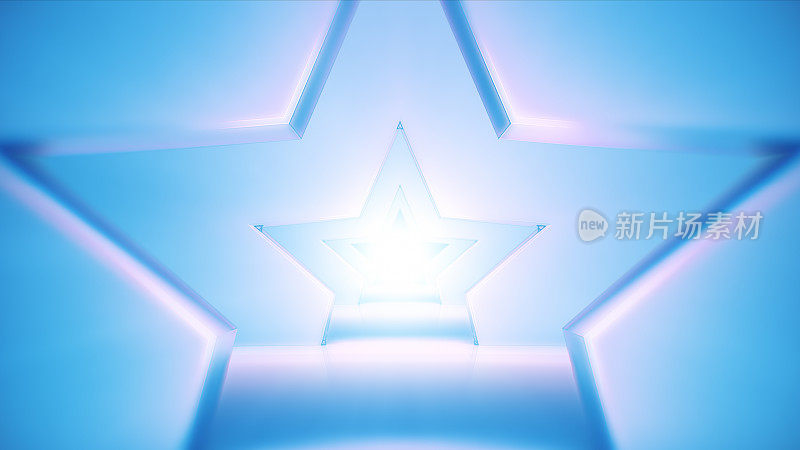 柔软的蓝色星星形状飞行向前在未来的隧道
