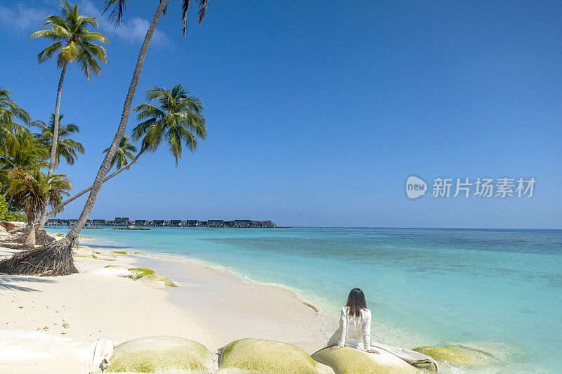 美女在浪漫国度美丽海滩棕榈树的马尔代夫