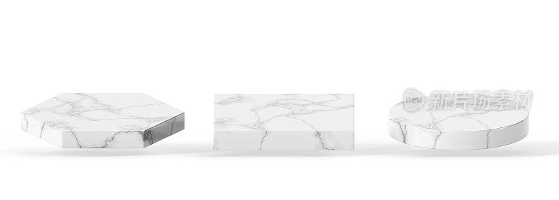 白色大理石石领奖台3d渲染图标集。抽象几何六边形、方形和圆形岩石平台，用于豪华美容产品展示、空基座、展品展示