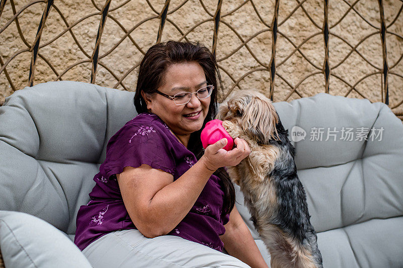 充满活力的纽带:捕捉一个50岁的菲律宾妇女和她心爱的约克夏梗在后院的快乐互动