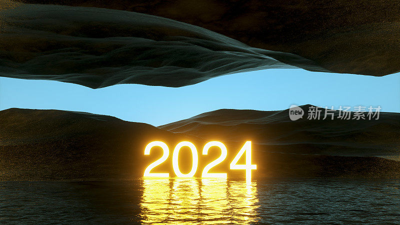 2024霓虹灯文本在未来的景观黑暗的海洋