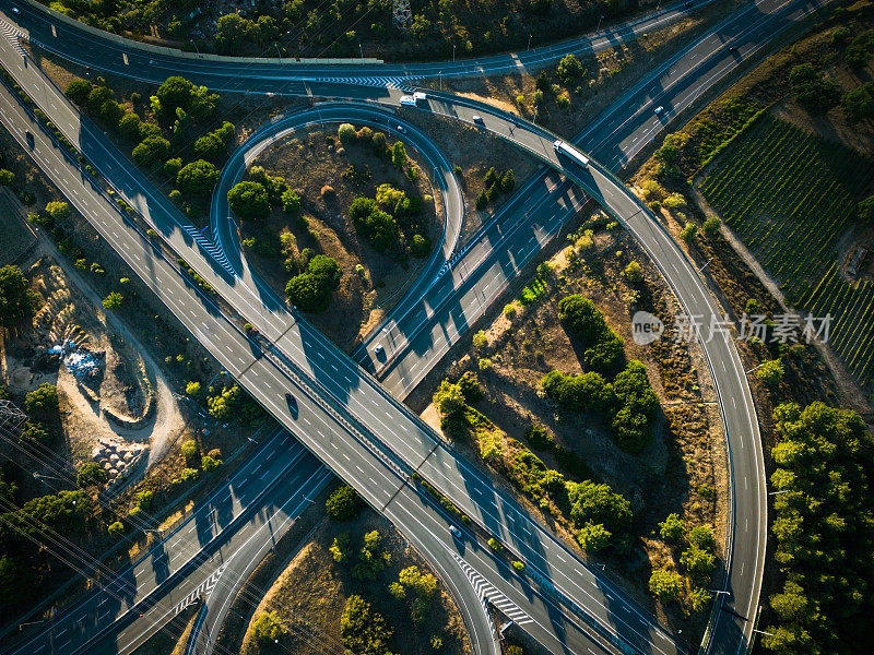 高速公路上空的航拍图像，以及与葡萄牙南部其他目的地的不同连接