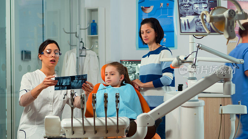 儿科女牙医在口腔诊所治疗小女孩病人