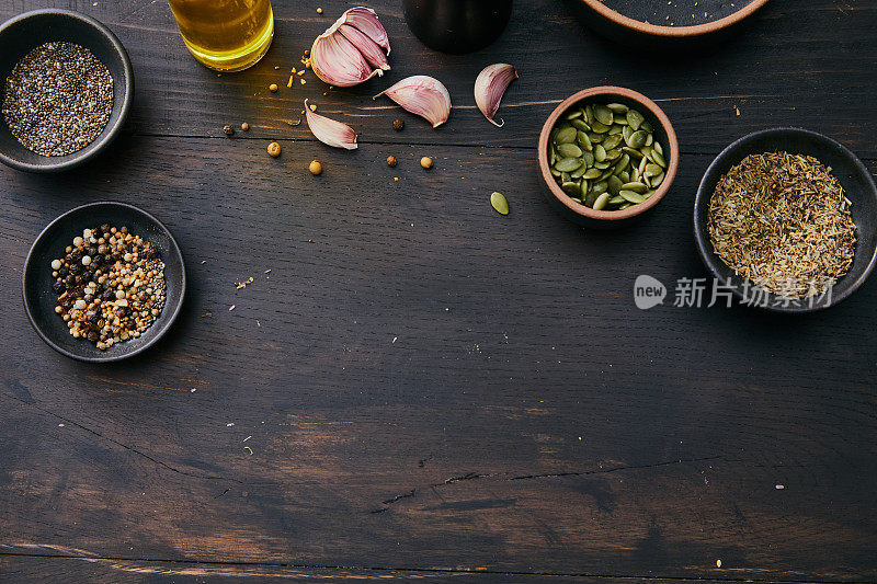 烹饪食材背景，食物准备用各种香料