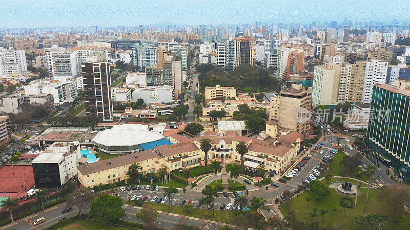 油画全景鸟瞰图圣伊西多罗地区在利马，秘鲁。