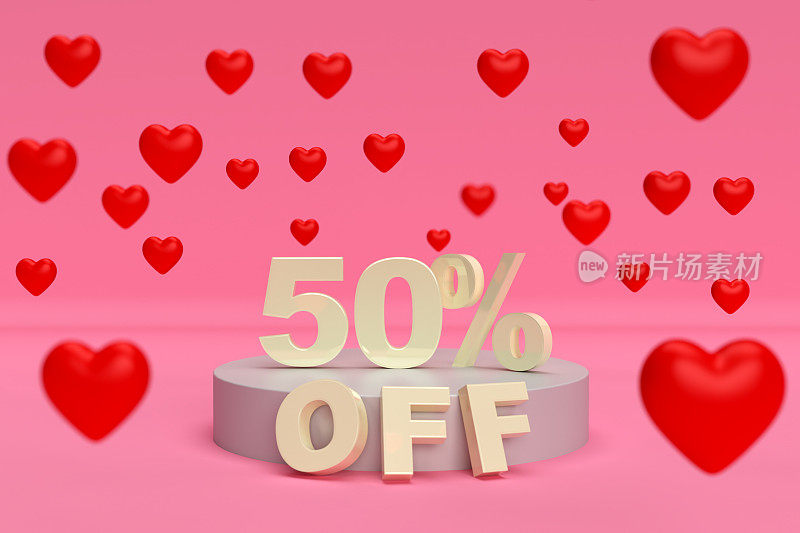 折扣-情人节销售3D插图。