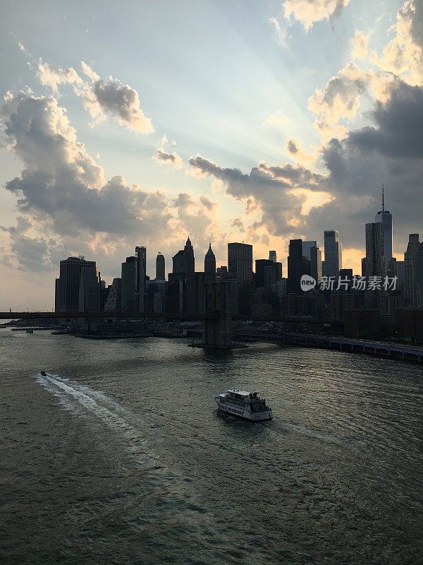 日落在曼哈顿，纽约，纽约-从曼哈顿桥的观点。