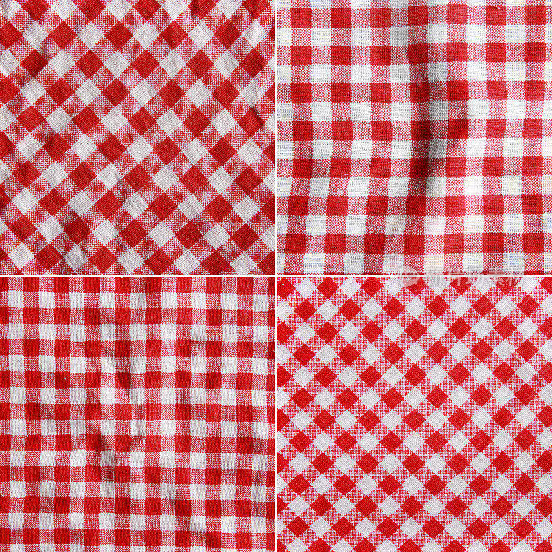 四种材质的红白格子野餐毯。