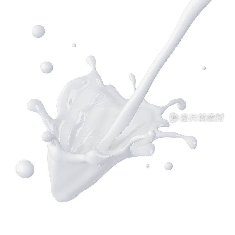 3d抽象液体牛奶飞溅，油漆飞溅，孤立在whi