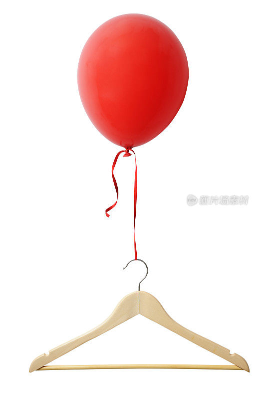 红色气球和衣架漂浮在白色的背景上