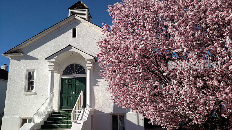 前门入口和台阶通向历史悠久的社区中心在犹他州洛克维尔和盛开的果树在春天