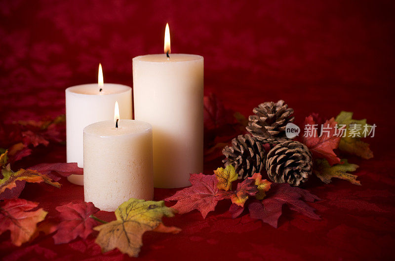 秋季装饰与点燃的蜡烛，树叶，松果，Copyspace