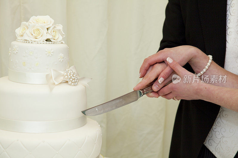 新娘和新郎正在切婚礼蛋糕