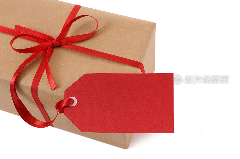 牛皮纸包装，红色丝带和标签