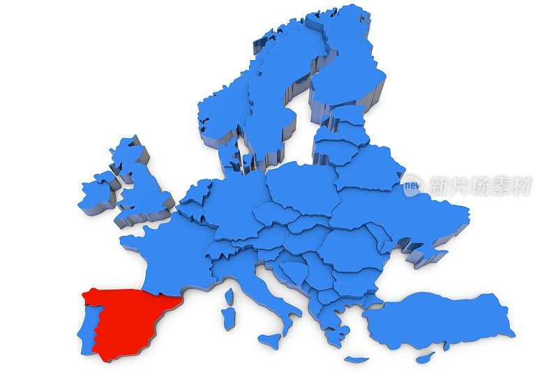 用红色标出西班牙的欧洲地图