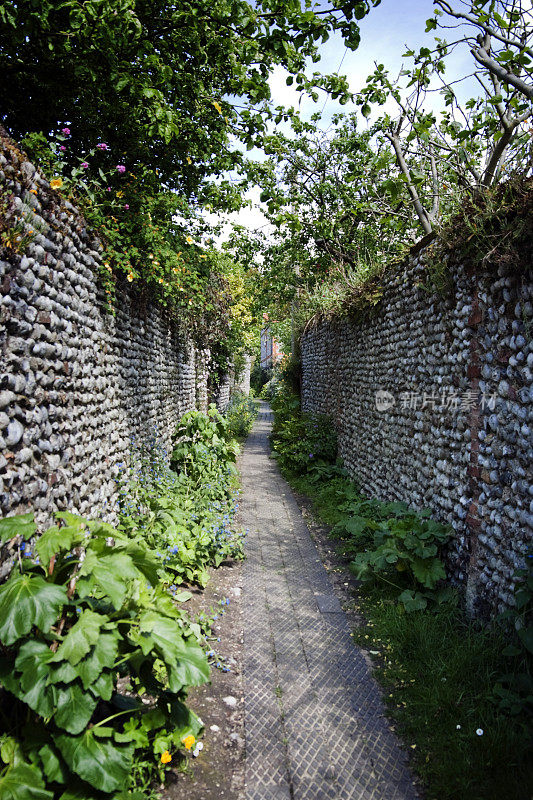 诺福克村有燧石墙的狭窄小巷