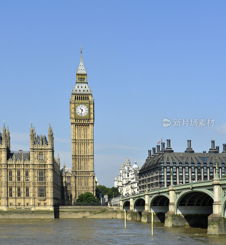 低角度的大本钟，威斯敏斯特和伦敦桥