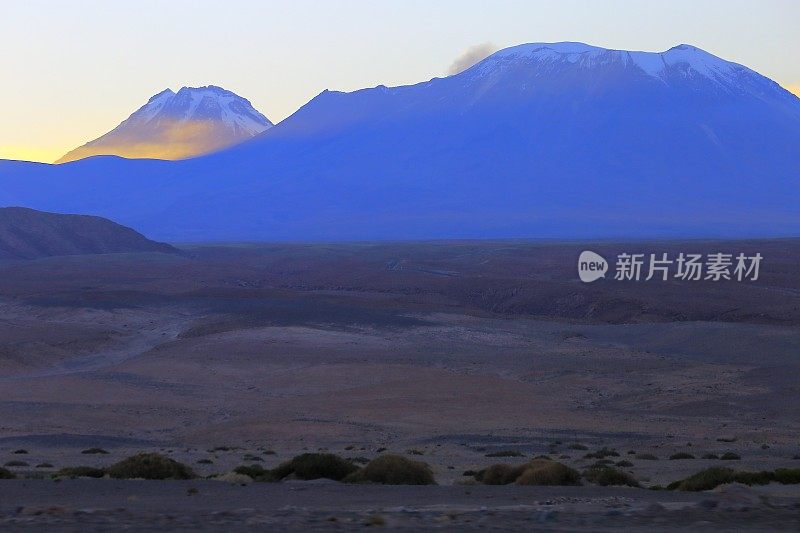 戏剧性的风景:白雪皑皑的拉斯卡火山在金色的日出和田园般的阿塔卡马沙漠草原，火山景观全景-圣佩德罗阿塔卡马，智利，Bolívia和阿根廷边境