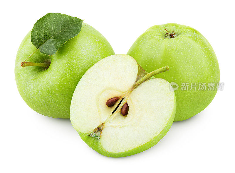 绿色的苹果果实，叶半和绿色孤立在白色上