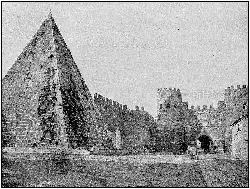 世界著名景点的古老照片:塞斯提乌斯金字塔和圣保罗门，罗马，意大利