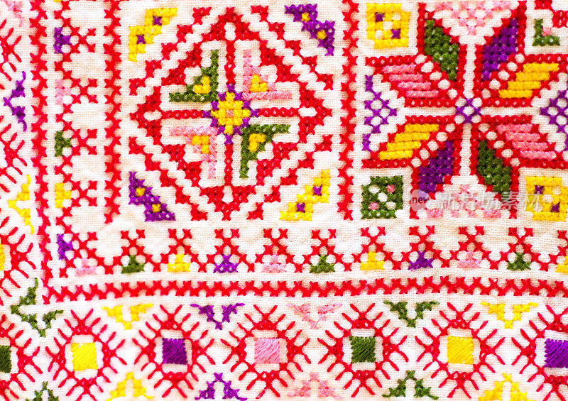 传统复古阿尔巴尼亚刺绣纺织品细节(特写)