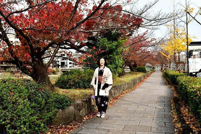 穿着和服的日本妇女行走在京都加茂河畔