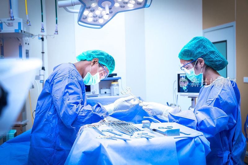 外科医生和助手正在手术室做手术。