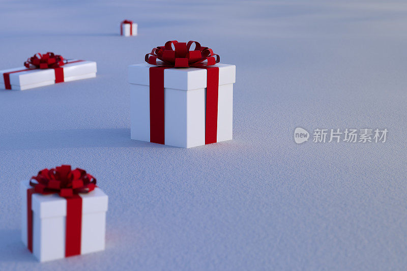 3D圣诞礼品盒在寒冷的冬季雪拷贝空间