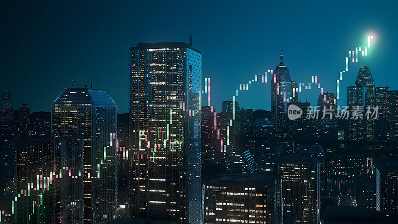 摩天大楼之间的股票图表-财务分析，交易，投资