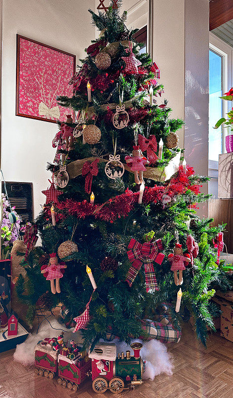 用各种装饰品装饰的圣诞树，暗指节日