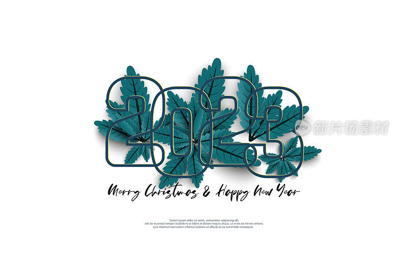 2023年新年快乐，圣诞快乐。设计数字轮廓在一组蓝色叶子在白色背景。