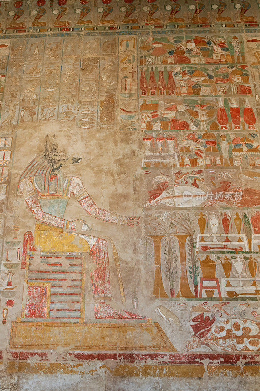 阿努比斯彩色埃及象形文字，来自埃及卢克索的哈特谢普苏特停尸庙