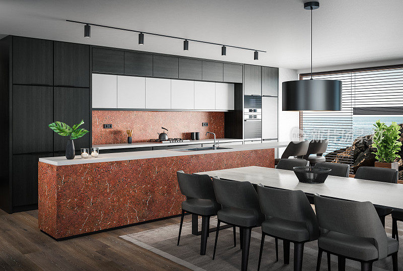 现代极简主义厨房，带凳子的长岛。橡木和石头。后挡板颜色为橙色。