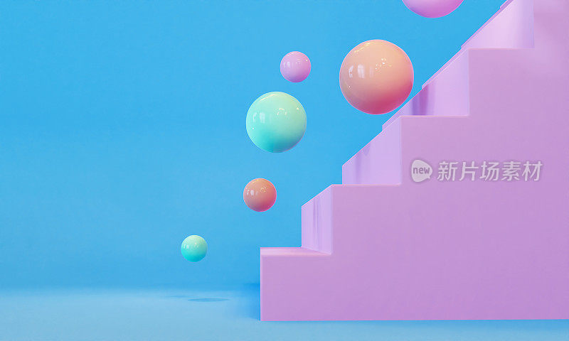 彩色的球照亮了紫色的楼梯