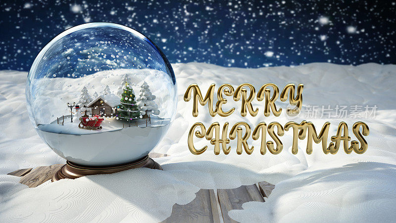 圣诞雪球和圣诞快乐的文字在积雪覆盖的旧木板在一个下雪的夜晚背景。圣诞节和新年的概念