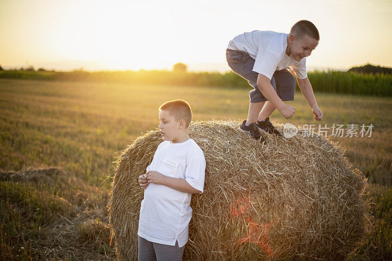 孩子们在乡下的干草堆上玩耍