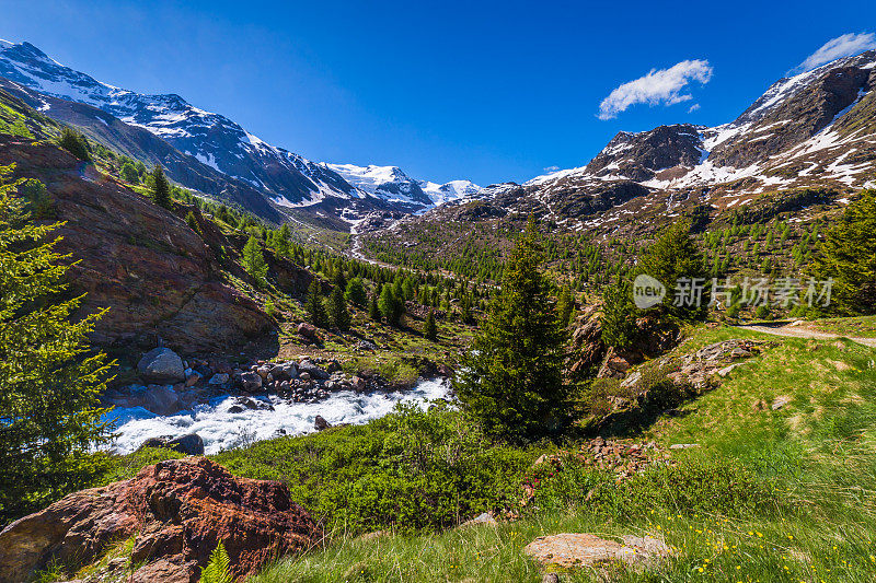 瀑布流入斯特尔维奥国家公园的雪山山谷，弗尼-瓦尔富尔瓦，意大利阿尔卑斯山