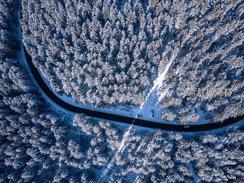 穿越冬季森林的道路，鸟瞰图