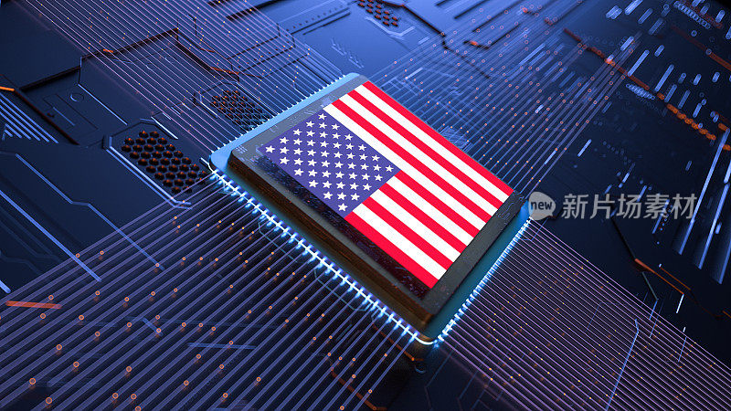 美国国旗中央电脑处理器，3d渲染
