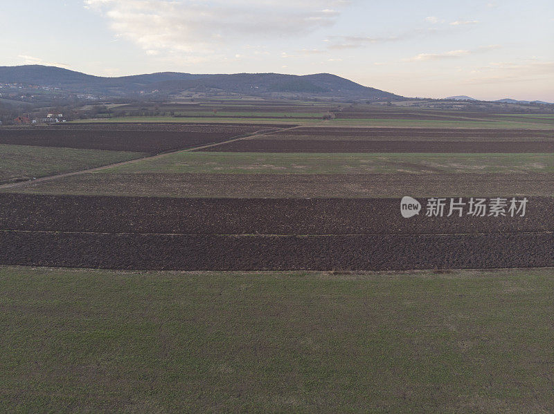 一个成年的农民在他的农场里在早春的时候耕种田地。鸟瞰图。