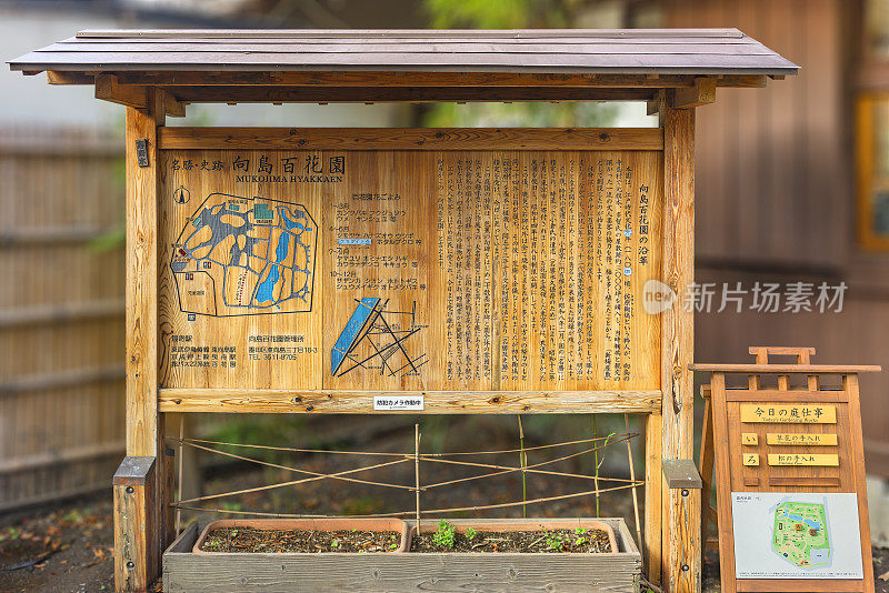 木制的信息板与雕刻烫画地图的mukojimhaakkaen花园。