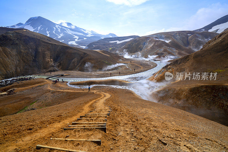 在冰岛克林加佛约尔山脉的Hveradalir地热地区的路径上。