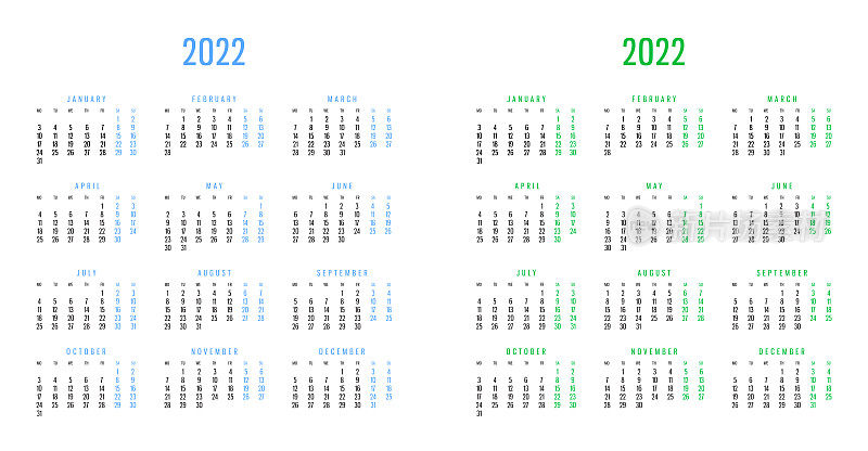 2022年日历，有2种不同的颜色选择和高分辨率