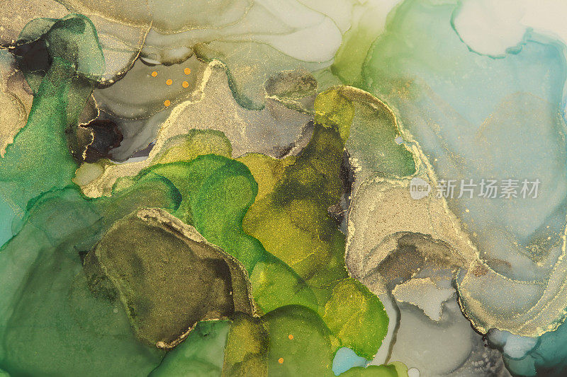 抽象水彩画。彩色帆布大理石纹理的背景。金、绿醇墨。