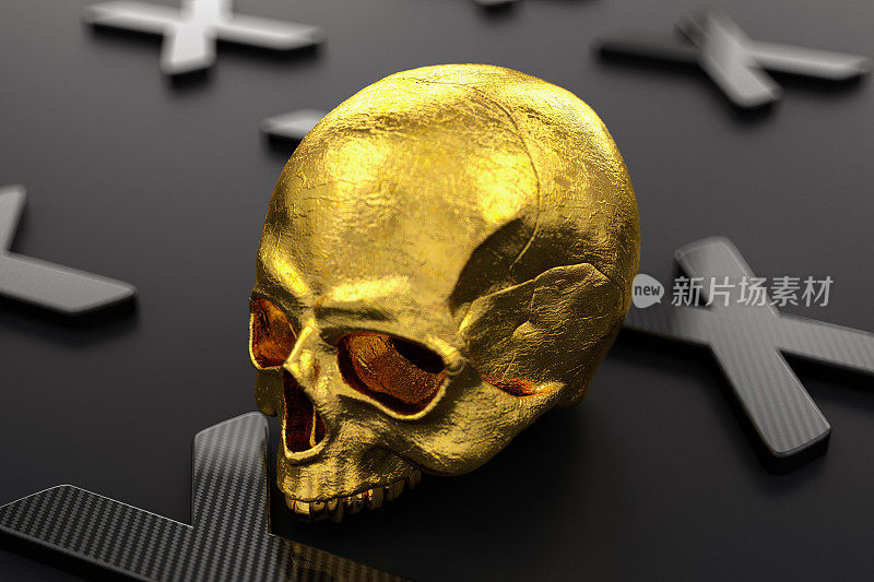 死亡概念与金色人类头骨黑色与十字形状
