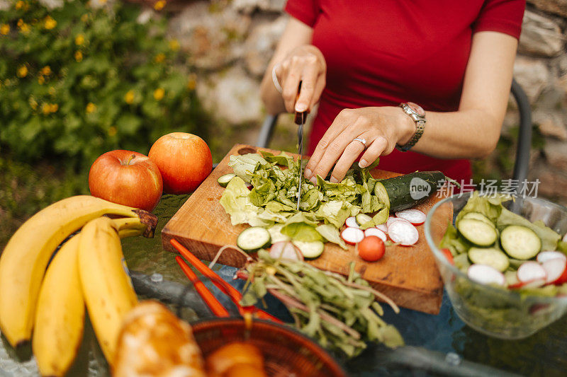 美丽的孕妇在大自然中准备新鲜蔬菜沙拉
